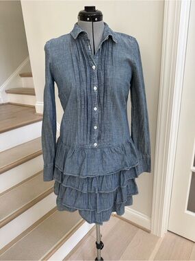 J. Crew Denim Chambray Long Sleeve Ruffled Tiered Dress - Blue